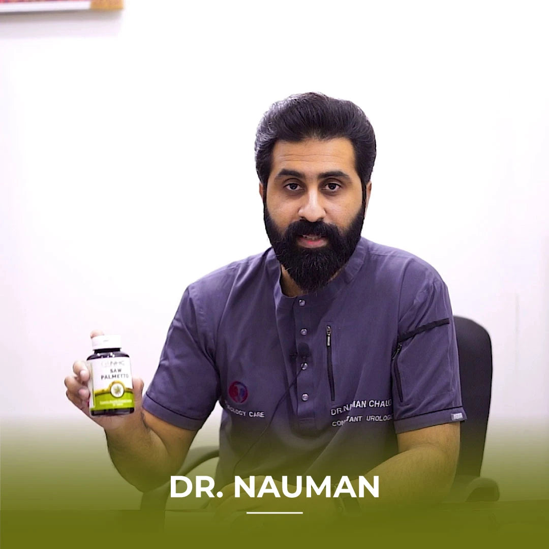 Dr Nouman holding NHC Saw Palmetto supplement bottle for men's health

